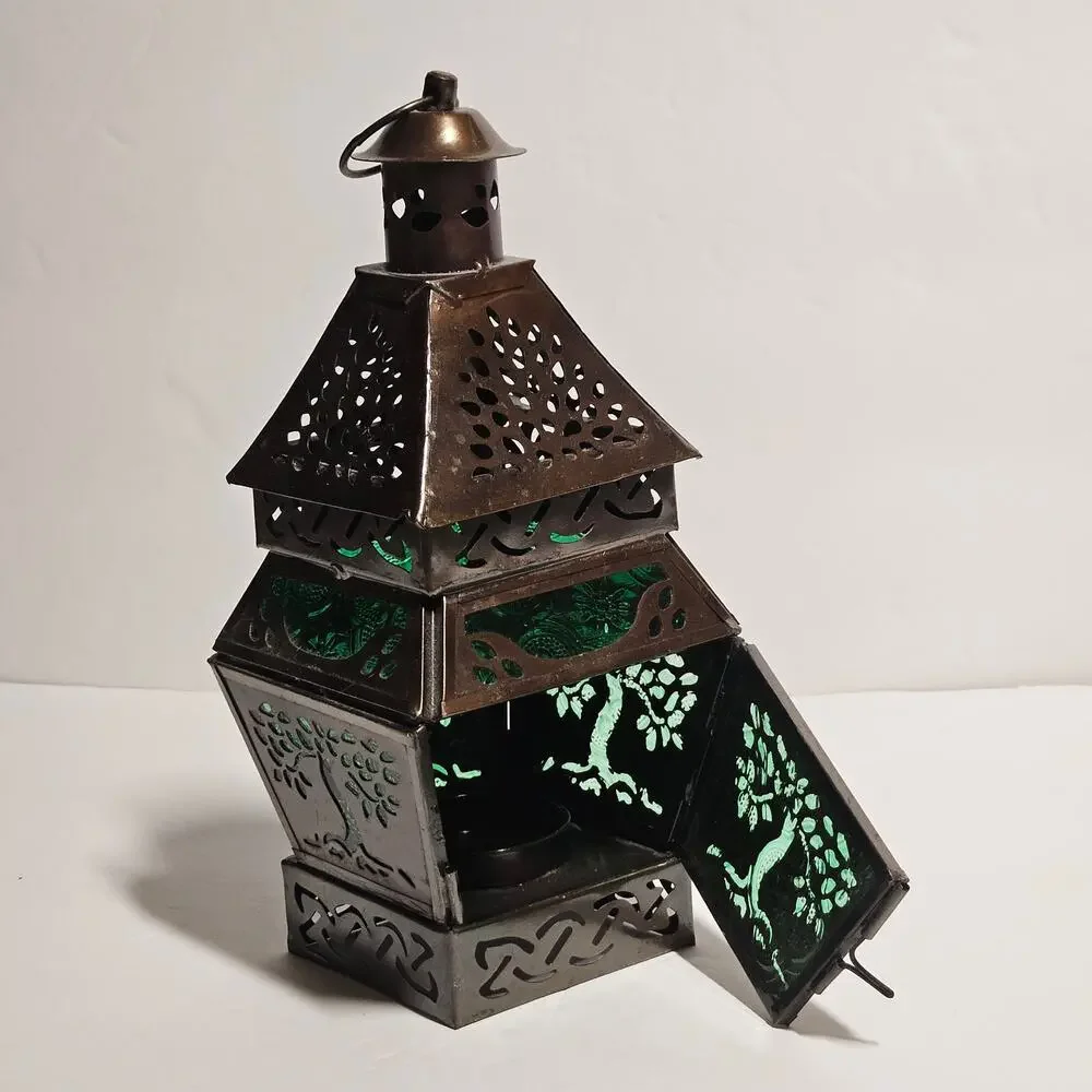 Vintage Pier 1 Imports Tree of Life Green Glass Moroccan Lantern